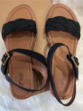 Eurosoft Black Braided Strap Women's Sandals with Ankle Buckle
